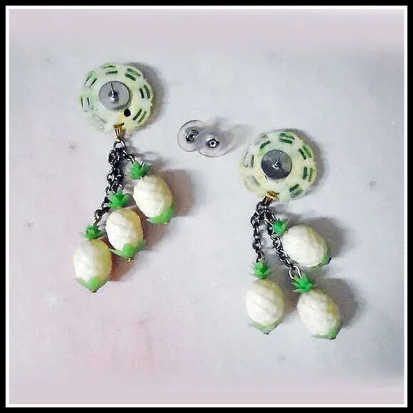 Funky Dangle Roses & Pineapples Earrings OOAK Made with Vintage - Picture 4 of 8